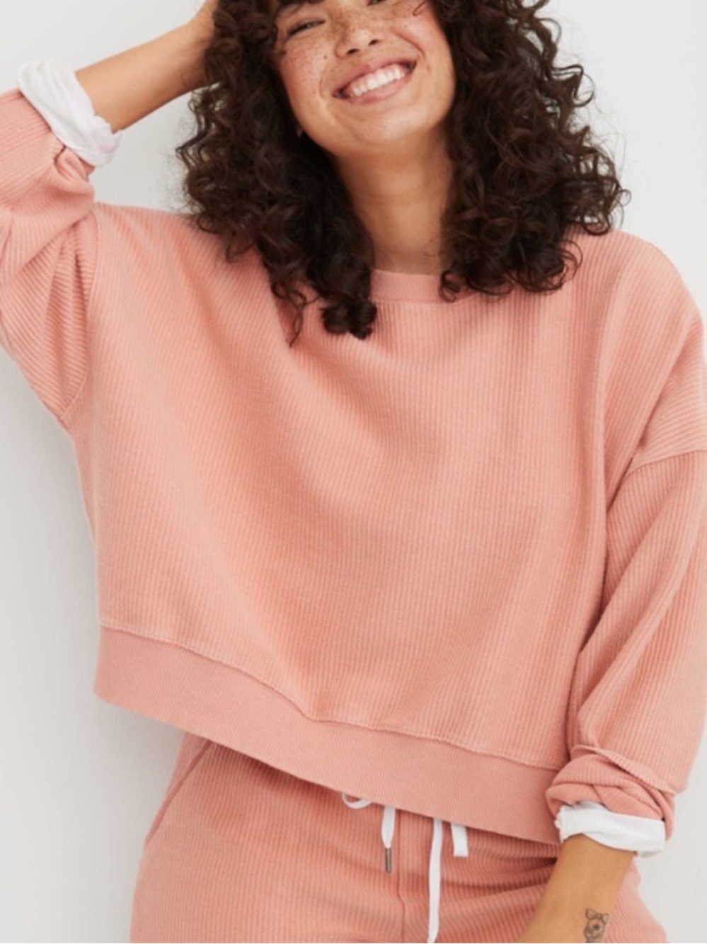 Aerie new love corded sweatshirt ribbed coral small crop crewneck